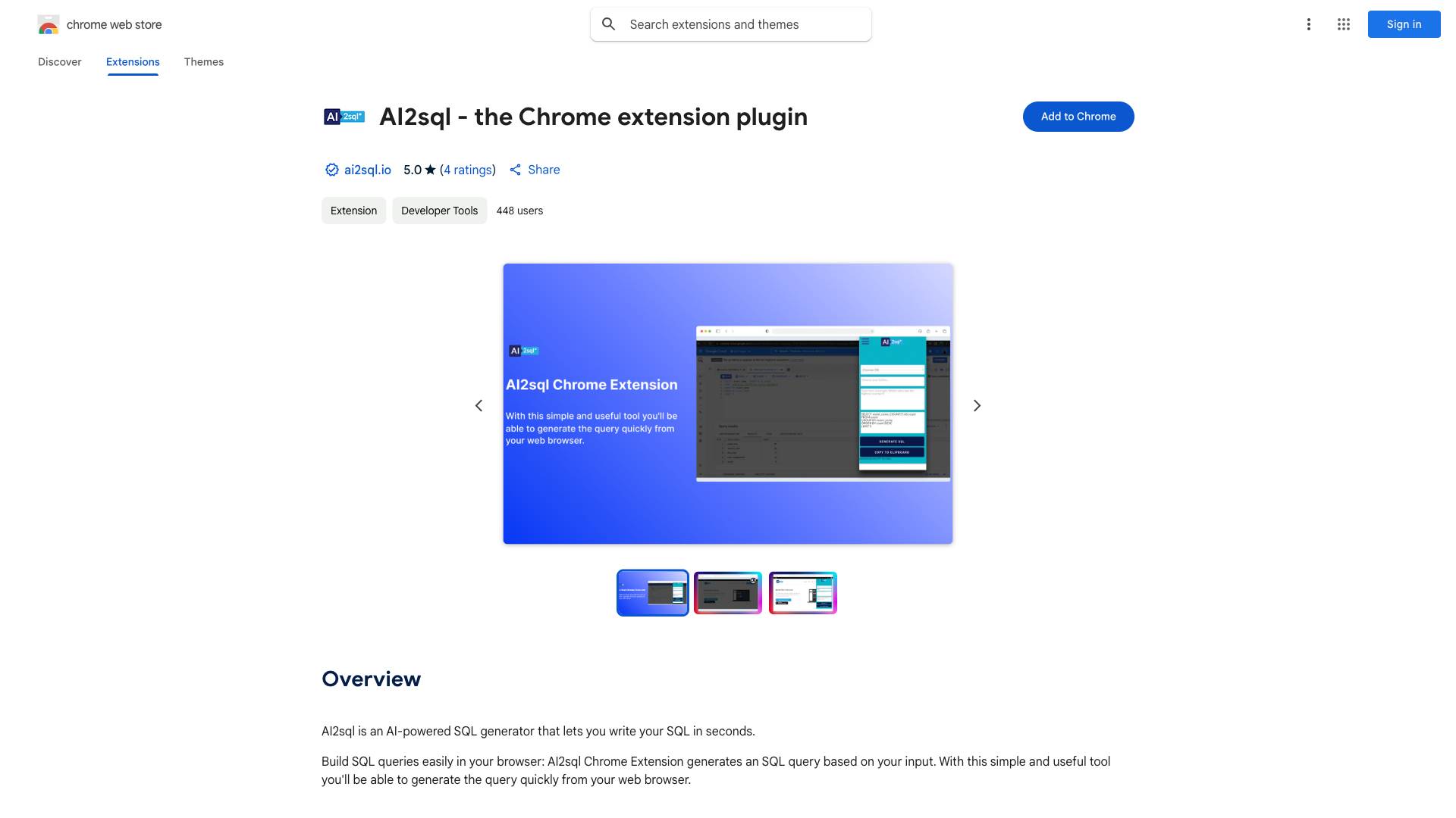 AI2sql Chrome Extension Screenshot